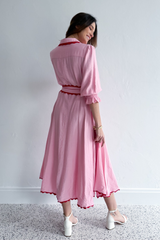 Lace Trim Godet Dress - Pink