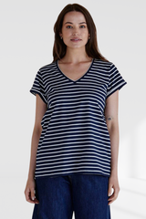 Ayla V-neck Tee - Navy Blue Stripes