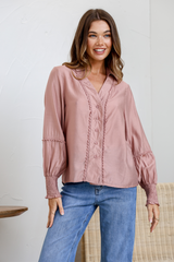 Lace Trim Tencel Shirt - Blush