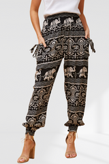 Elephant Print Boho Harem Pants - Black