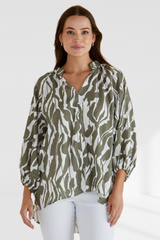 Grazia Blouse - Olive Geometric Print