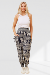Elephant Print Boho Harem Pants - Navy