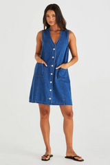 Sabine Denim Vest Dress - Mid Blue Wash | SASS