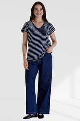 Ayla V-neck Tee - Navy Blue Stripes