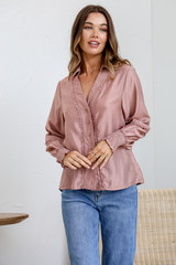 Lace Trim Tencel Shirt - Blush