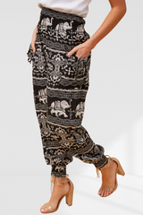 Elephant Print Boho Harem Pants - Black