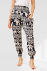 Elephant Print Boho Harem Pants - Navy
