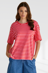 Relax Boxy Tee - Pink/Red Stripe