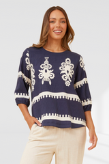 Border print top - Navy