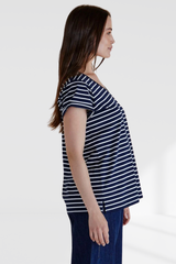 Ayla V-neck Tee - Navy Blue Stripes