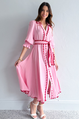 Lace Trim Godet Dress - Pink