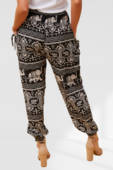 Elephant Print Boho Harem Pants - Black