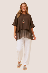 Ivy doubled linen top MADE IN ITALY - bitter chocolate