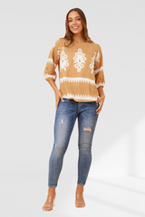 Border Print top-Beige