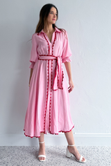 Lace Trim Godet Dress - Pink