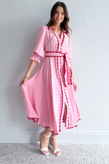 Lace Trim Godet Dress - Pink