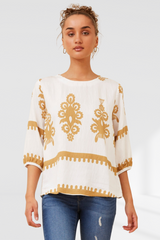 Border Print top- white beige