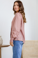 Lace Trim Tencel Shirt - Blush