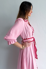 Lace Trim Godet Dress - Pink