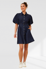 Sylvie Puff Sleeve Denim Dress- Dark Denim