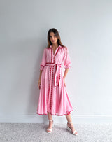 LACE TRIM GODET DRESS - PINK