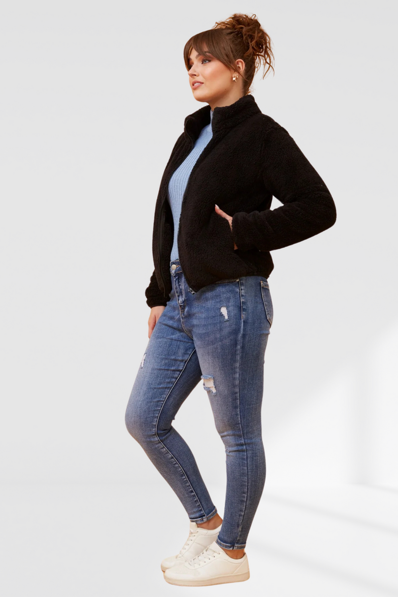 Taylee Zip Teddy Jacket - Black