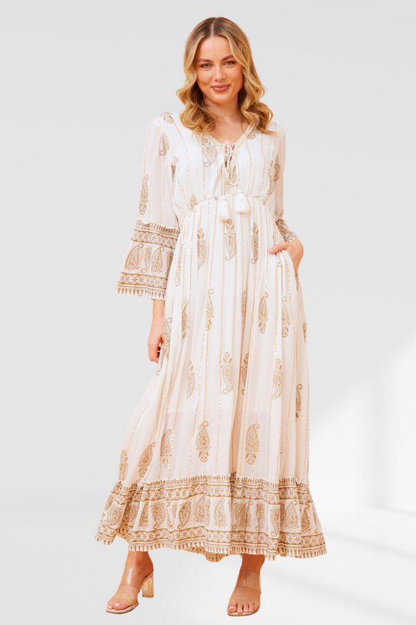 Paisley Boho Maxi Dress - Cream
