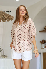 polka dot marbella gather sleeve detail button blouse 
- latte/chocolate