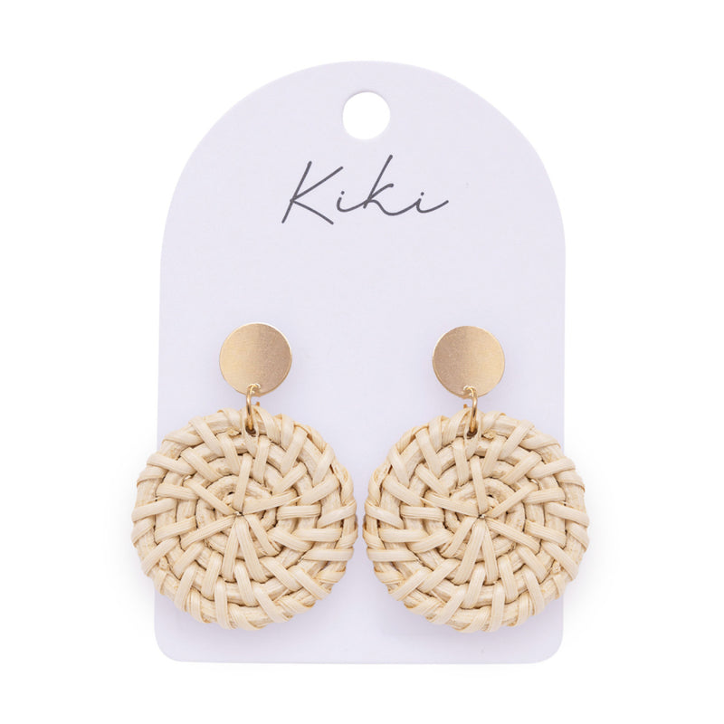 Round Cream Rattan Earrings