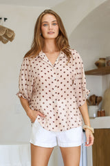 polka dot marbella gather sleeve detail button blouse 
- latte/chocolate