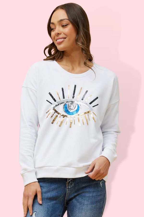Luxe Sequin Evil Eye Sweatshirt - White