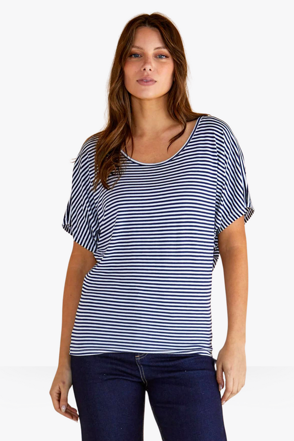 Maui Batwing Draped Basic Tee - Navy Blue/White Stripe