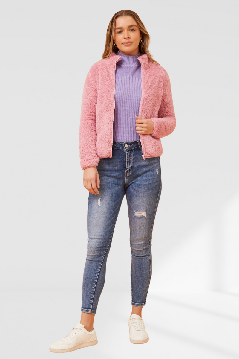 Taylee Zip Teddy Jacket - Blush
