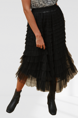 Layered Tulle Midi Skirt - Black