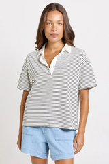 Freddy Cotton Polo Top - White/Navy Stripe