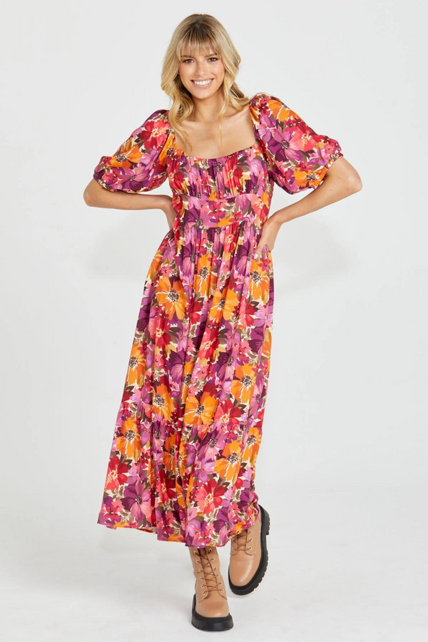 Yasmin Frill Hem Midi Dress - Berry Floral