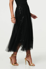Sequin embelished mesh midi skirt