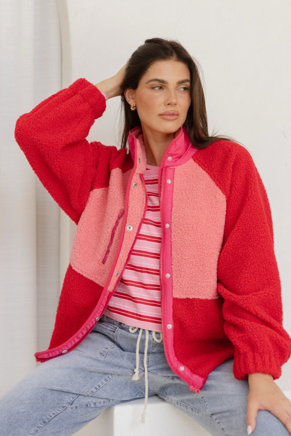 Franklin Fleecy Jacket - Pink/Red  | Betty Basics