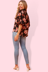 Libbie Puff Sleeve Shirt - Black/Orange Multi
