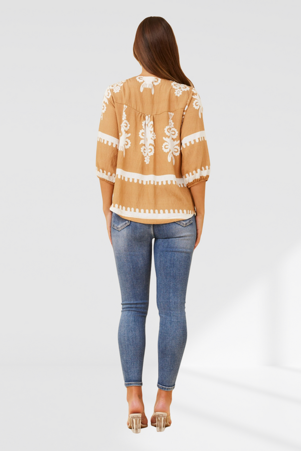 Border Print top-Beige