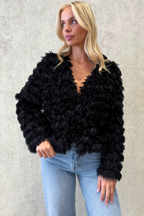 Fringe Fur Coat- Black
