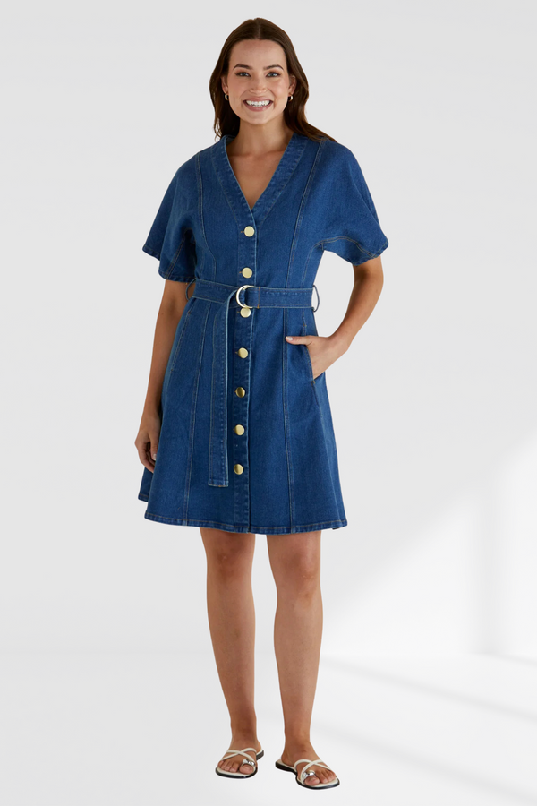 Fiori Denim Dress - Mid Wash