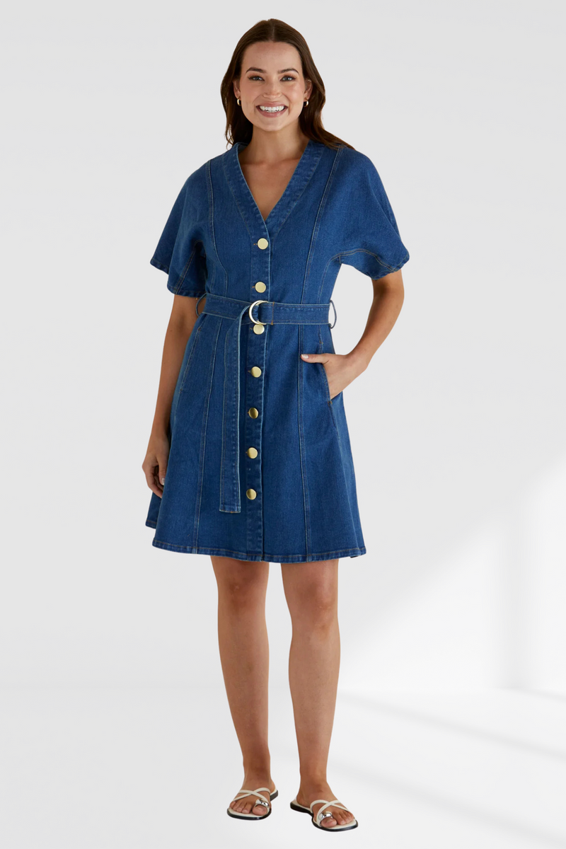 Fiori Denim Dress - Mid Wash