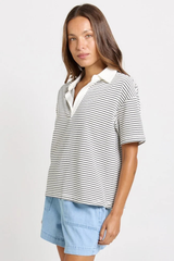 Freddy Cotton Polo Top - White/Navy Stripe