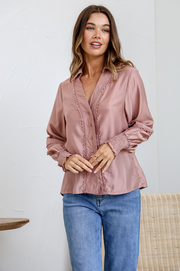 Lace Trim Tencel Shirt - Blush