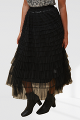 Layered Tulle Midi Skirt - Black