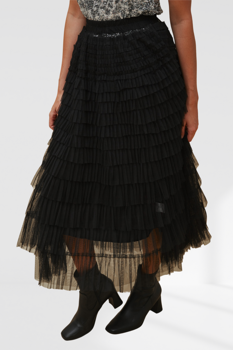 Layered Tulle Midi Skirt - Black