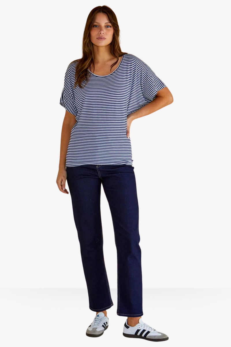 Maui Batwing Draped Basic Tee - Navy Blue/White Stripe
