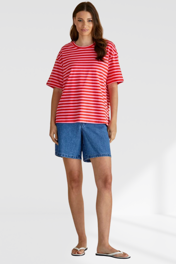 Relax Boxy Tee - Pink/Red Stripe