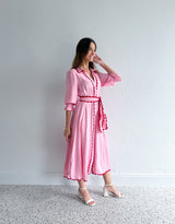 LACE TRIM GODET DRESS - PINK